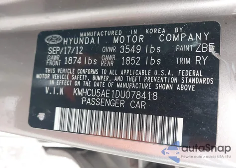 2013 Hyundai Accent Se z USA, uszkodzony, nr VIN KMHCU5AE1DU078418